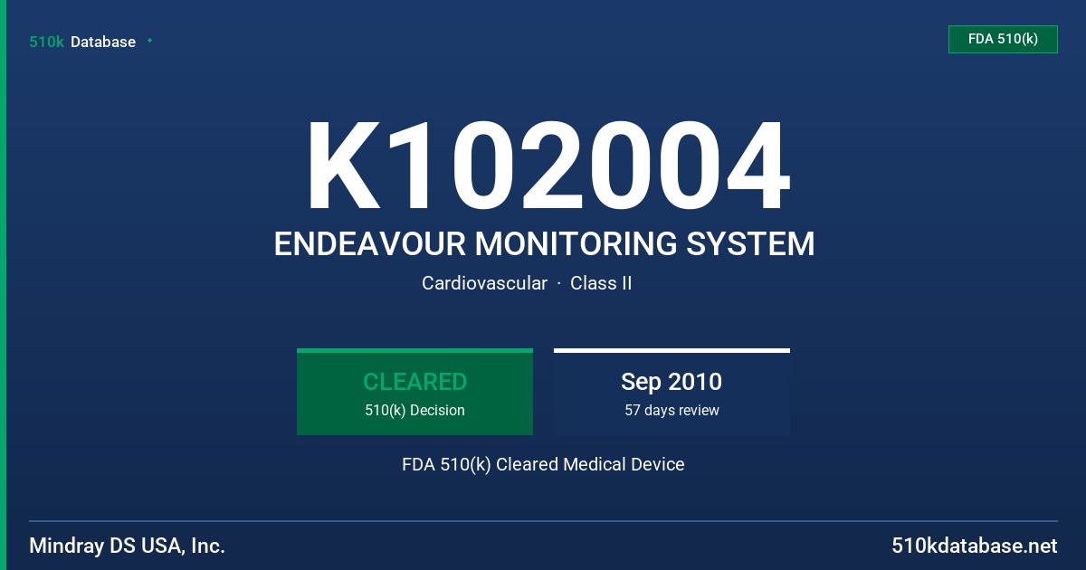 K102004 ENDEAVOUR MONITORING SYSTEM FDA 510(k) Cleared Medical Device