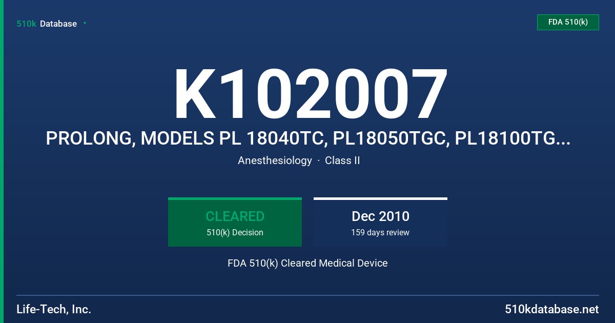 K102007 PROLONG, MODELS PL 18040TC, PL18050TGC, PL18100TGC, PL18150TGC, FDA 510(k) Cleared Medical Device