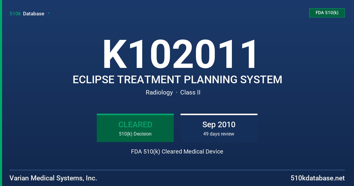 K102011 ECLIPSE TREATMENT PLANNING SYSTEM FDA 510(k) Cleared Medical Device