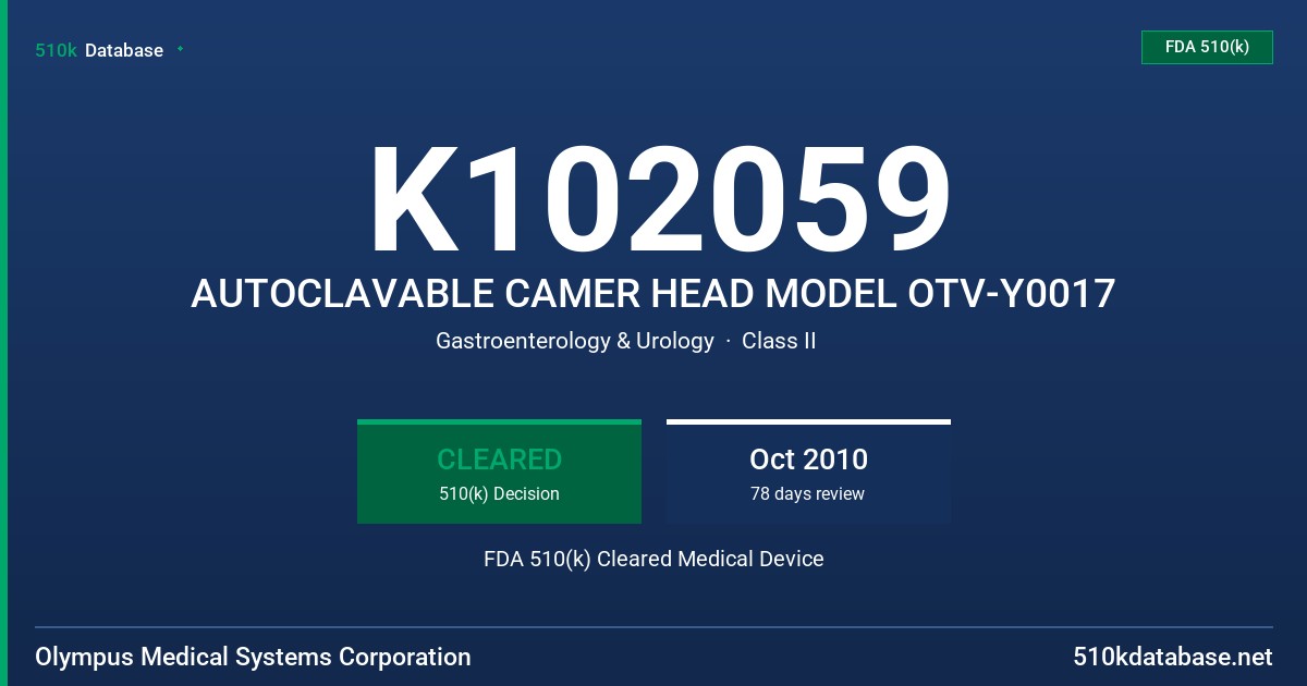 K102059 AUTOCLAVABLE CAMER HEAD MODEL OTV-Y0017 FDA 510(k) Cleared Medical Device