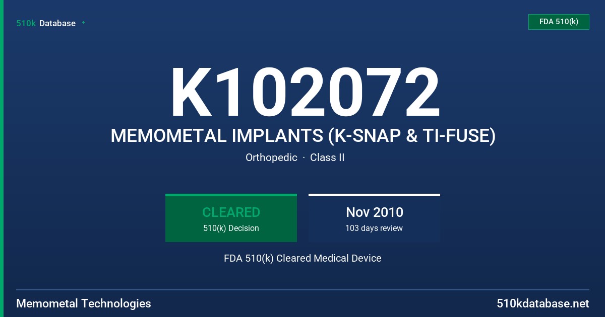 K102072 MEMOMETAL IMPLANTS (K-SNAP & TI-FUSE) FDA 510(k) Cleared Medical Device