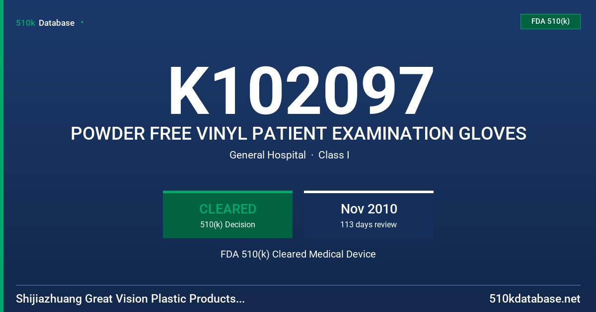 K102097 POWDER FREE VINYL PATIENT EXAMINATION GLOVES FDA 510(k) Cleared Medical Device