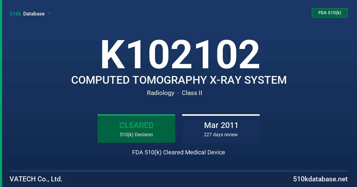 K102102 COMPUTED TOMOGRAPHY X-RAY SYSTEM FDA 510(k) Cleared Medical Device