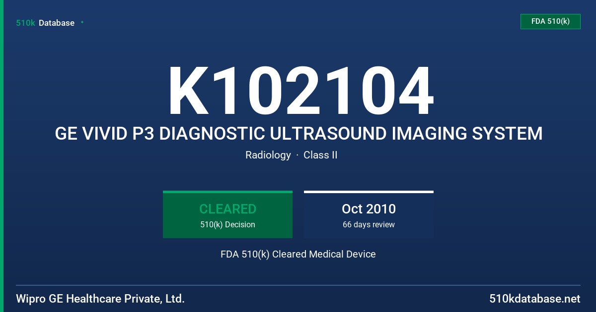 K102104 GE VIVID P3 DIAGNOSTIC ULTRASOUND IMAGING SYSTEM FDA 510(k) Cleared Medical Device