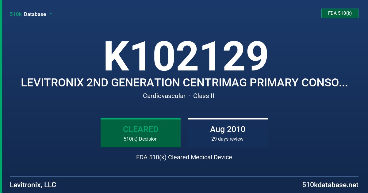 K102129 LEVITRONIX 2ND GENERATION CENTRIMAG PRIMARY CONSOLE, LEVITRONIX MONITOR FDA 510(k) Cleared Medical Device