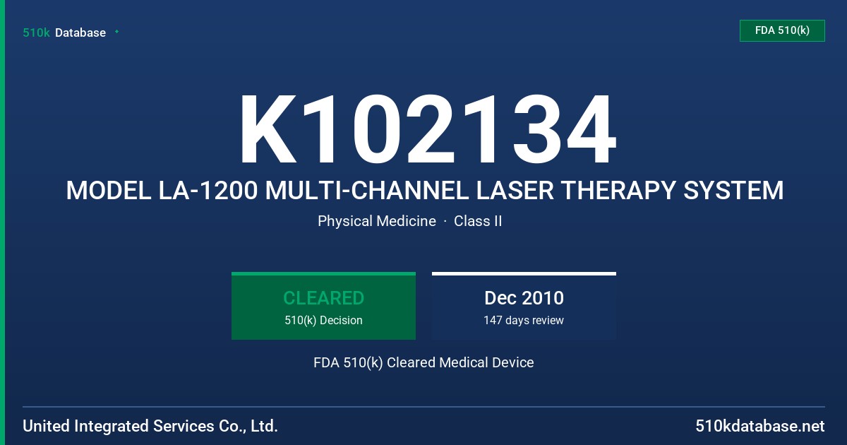 K102134 MODEL LA-1200 MULTI-CHANNEL LASER THERAPY SYSTEM FDA 510(k) Cleared Medical Device