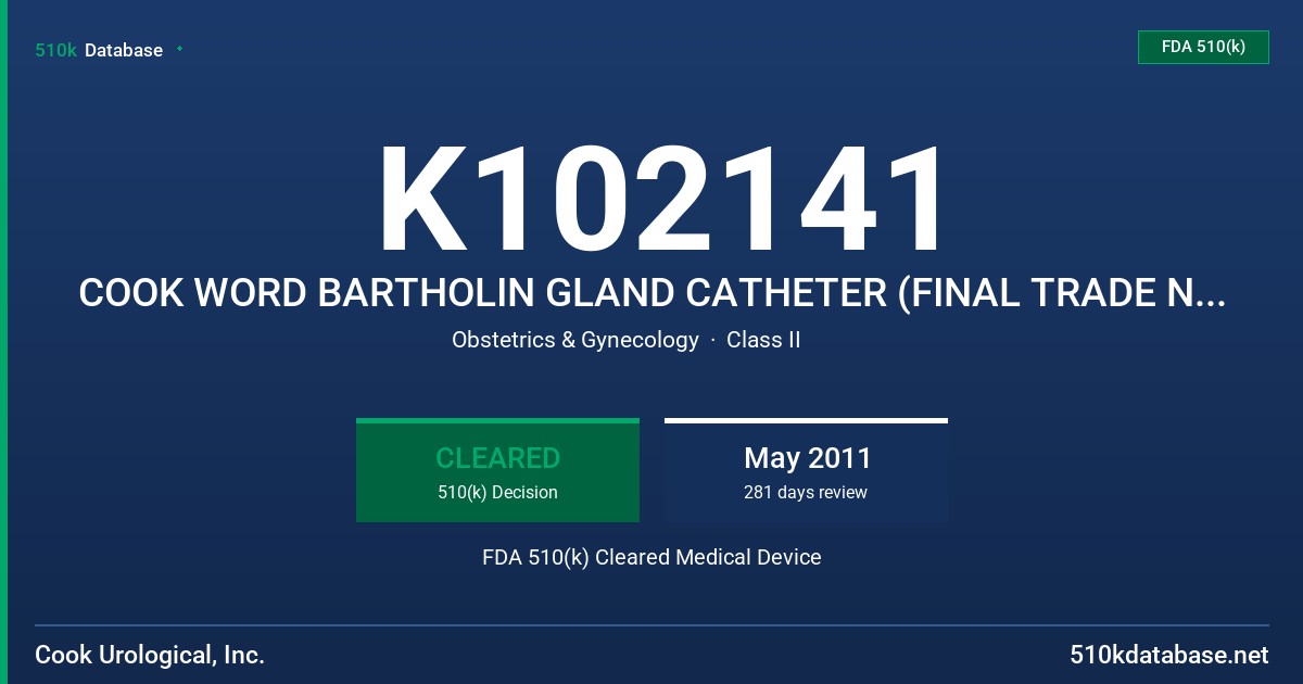 K102141 COOK WORD BARTHOLIN GLAND CATHETER (FINAL TRADE NAME NOT YET DETERMINED) FDA 510(k) Cleared Medical Device