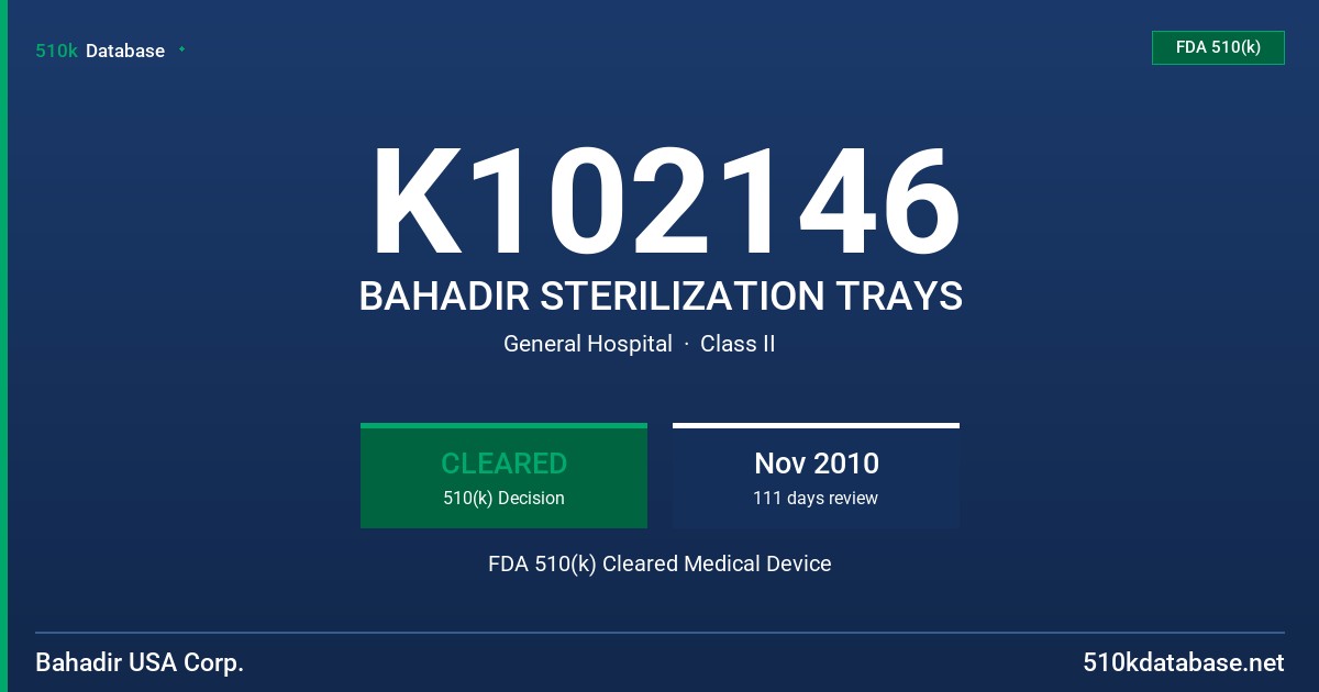 K102146 BAHADIR STERILIZATION TRAYS FDA 510(k) Cleared Medical Device