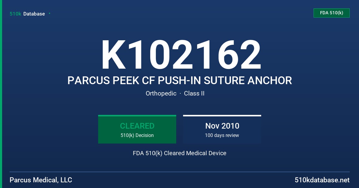 K102162 PARCUS PEEK CF PUSH-IN SUTURE ANCHOR FDA 510(k) Cleared Medical Device