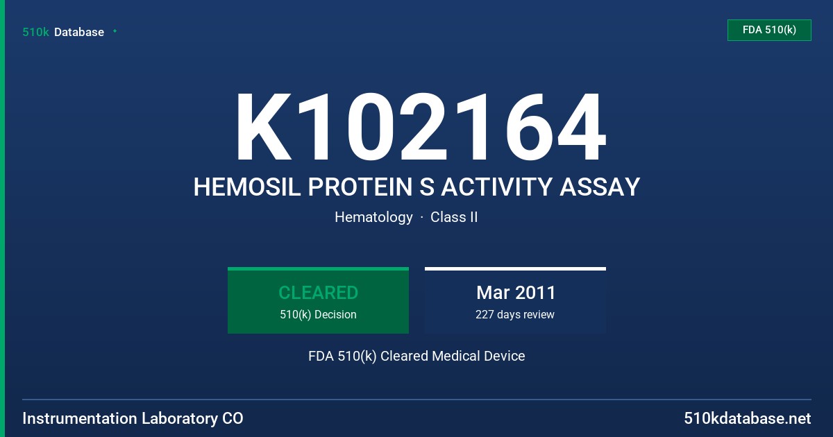 K102164 HEMOSIL PROTEIN S ACTIVITY ASSAY FDA 510(k) Cleared Medical Device