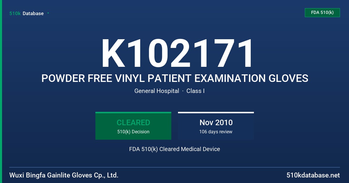 K102171 POWDER FREE VINYL PATIENT EXAMINATION GLOVES FDA 510(k) Cleared Medical Device