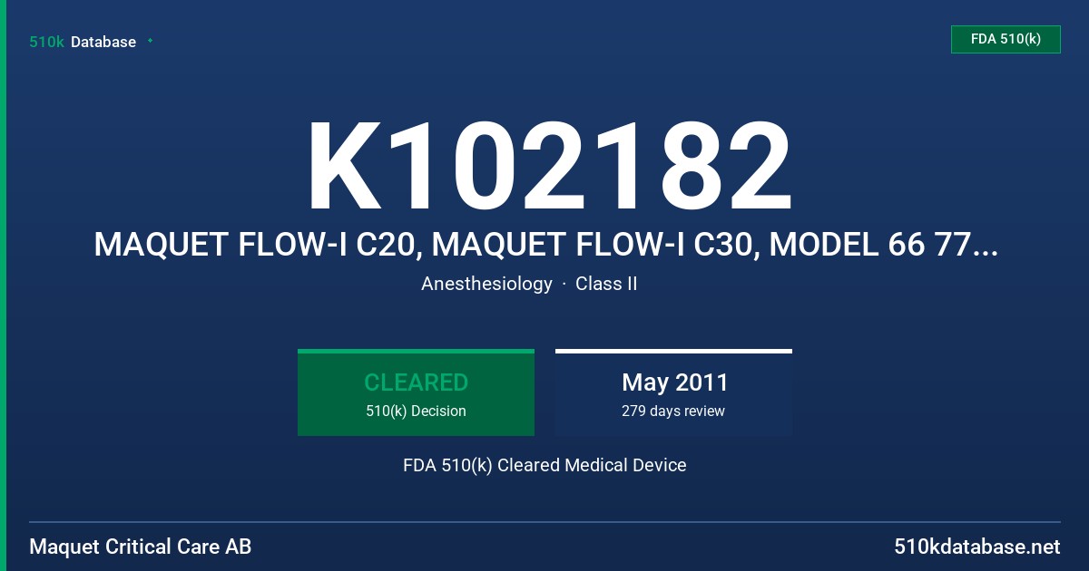 K102182 MAQUET FLOW-I C20, MAQUET FLOW-I C30, MODEL 66 77 200, 66 77 30 FDA 510(k) Cleared Medical Device