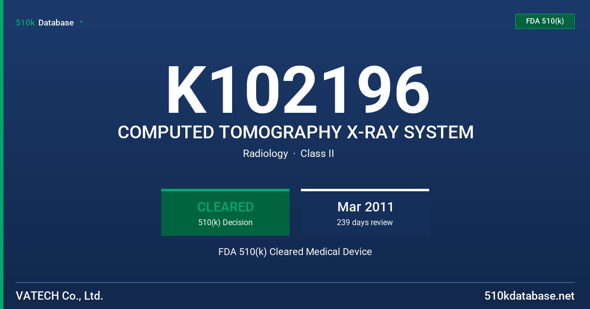 K102196 COMPUTED TOMOGRAPHY X-RAY SYSTEM FDA 510(k) Cleared Medical Device