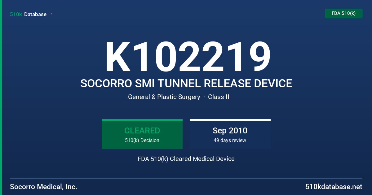K102219 SOCORRO SMI TUNNEL RELEASE DEVICE FDA 510(k) Cleared Medical Device