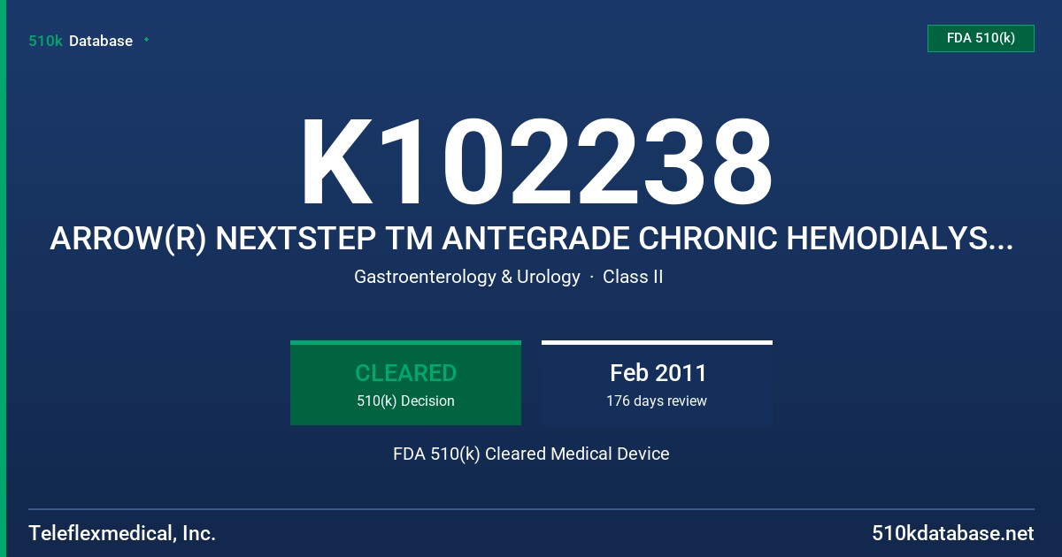 K102238 ARROW(R) NEXTSTEP TM ANTEGRADE CHRONIC HEMODIALYSIS CATHETER FDA 510(k) Cleared Medical Device