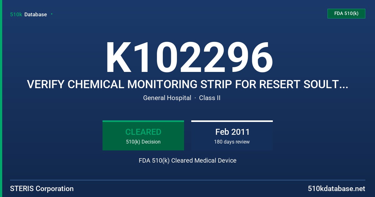 K102296 VERIFY CHEMICAL MONITORING STRIP FOR RESERT SOULTIONS (RESERT XL TEST STRIP VERSION 2) FDA 510(k) Cleared Medical Device