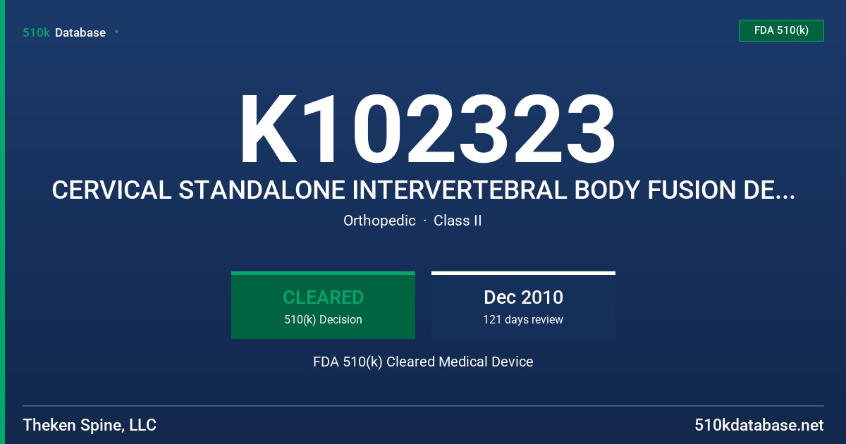 K102323 CERVICAL STANDALONE INTERVERTEBRAL BODY FUSION DEVICE FDA 510(k) Cleared Medical Device