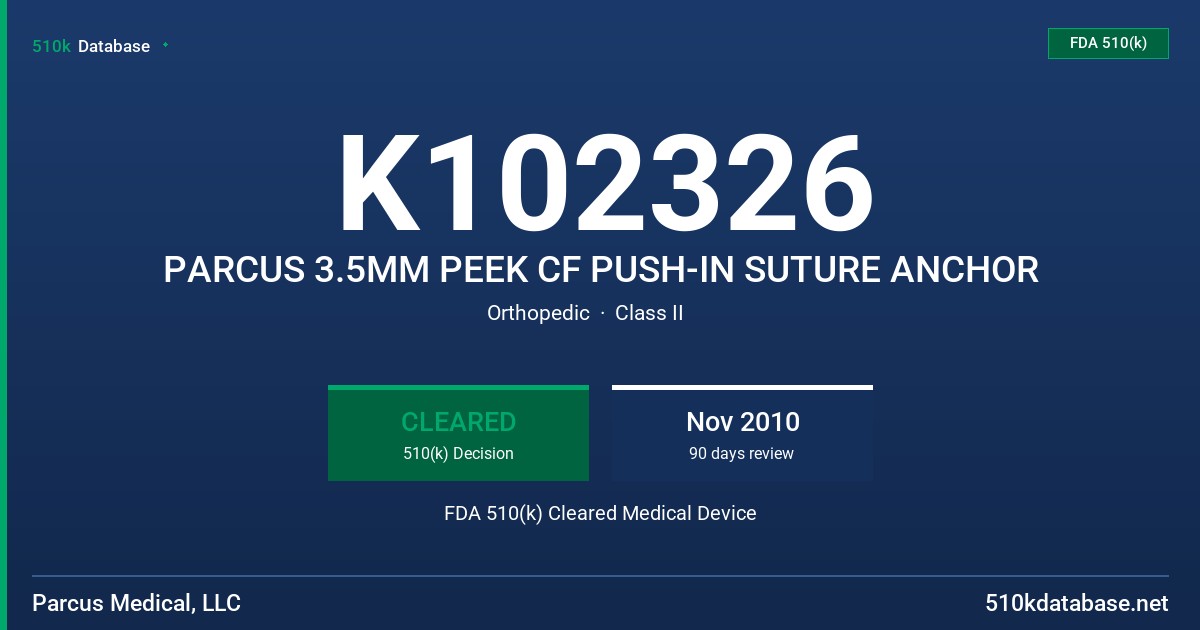 K102326 PARCUS 3.5MM PEEK CF PUSH-IN SUTURE ANCHOR FDA 510(k) Cleared Medical Device