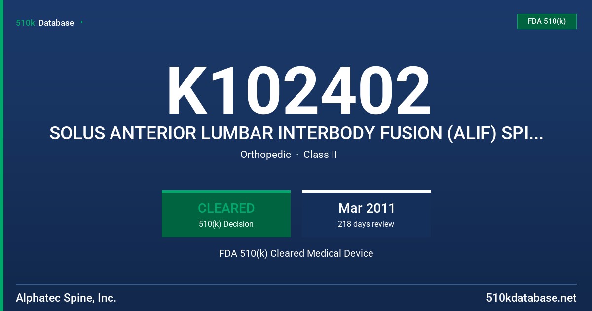 K102402 SOLUS ANTERIOR LUMBAR INTERBODY FUSION (ALIF) SPINAL SPACER SYSTEM FDA 510(k) Cleared Medical Device