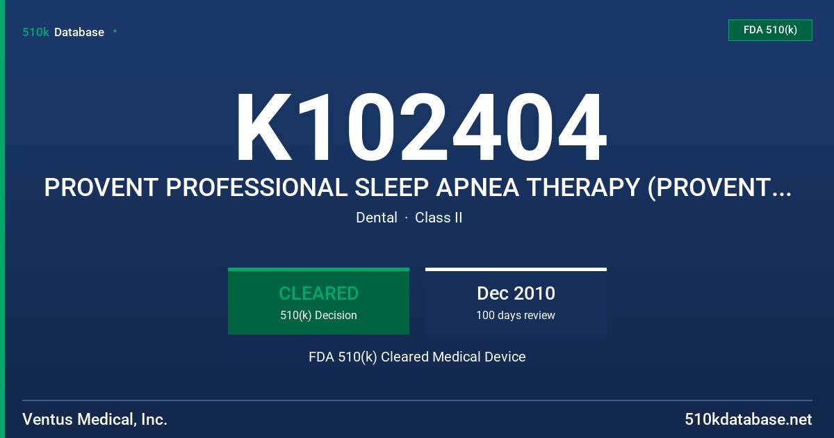 K102404 PROVENT PROFESSIONAL SLEEP APNEA THERAPY (PROVENT 80) FDA 510(k) Cleared Medical Device