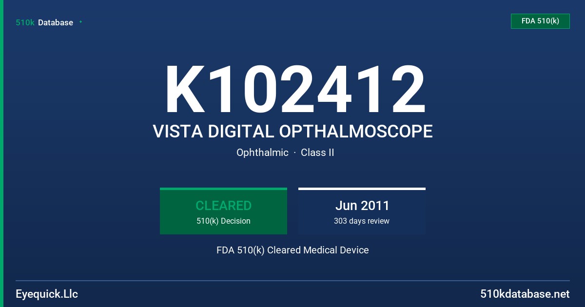K102412 VISTA DIGITAL OPTHALMOSCOPE FDA 510(k) Cleared Medical Device