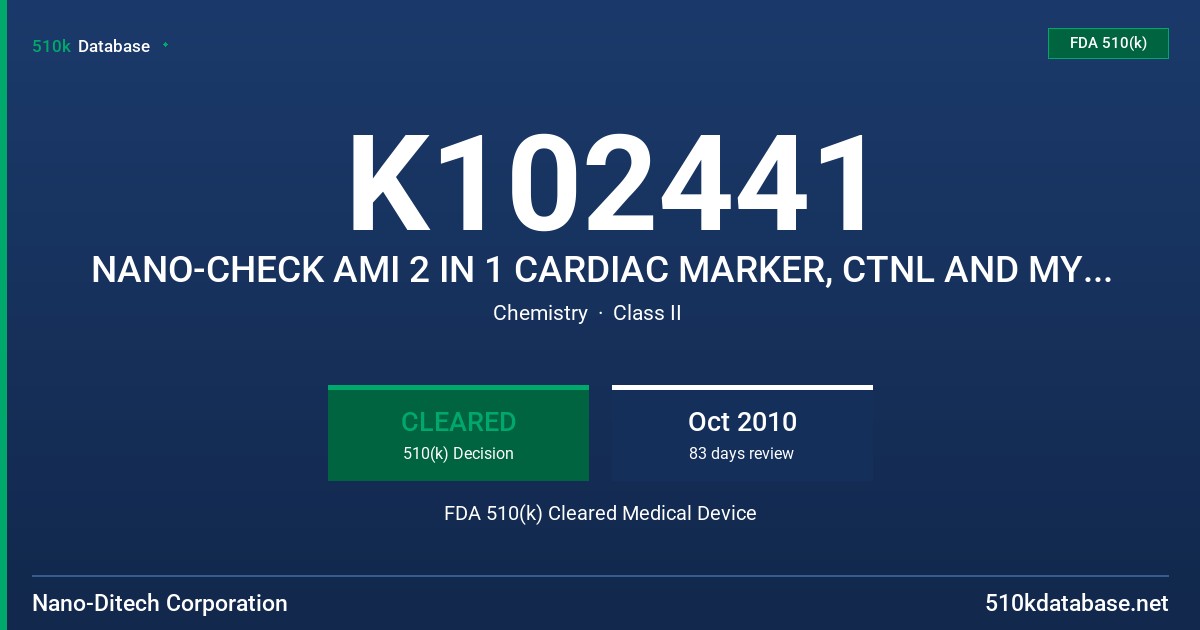 K102441 NANO-CHECK AMI 2 IN 1 CARDIAC MARKER, CTNL AND MYOGLOBIN FDA 510(k) Cleared Medical Device