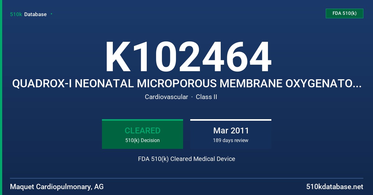 K102464 QUADROX-I NEONATAL MICROPOROUS MEMBRANE OXYGENATOR WITH INTEGRATED ARTERIAL FILTER WITH SOFTLINE/BIOLINE COATING FDA 510(k) Cleared Medical Device