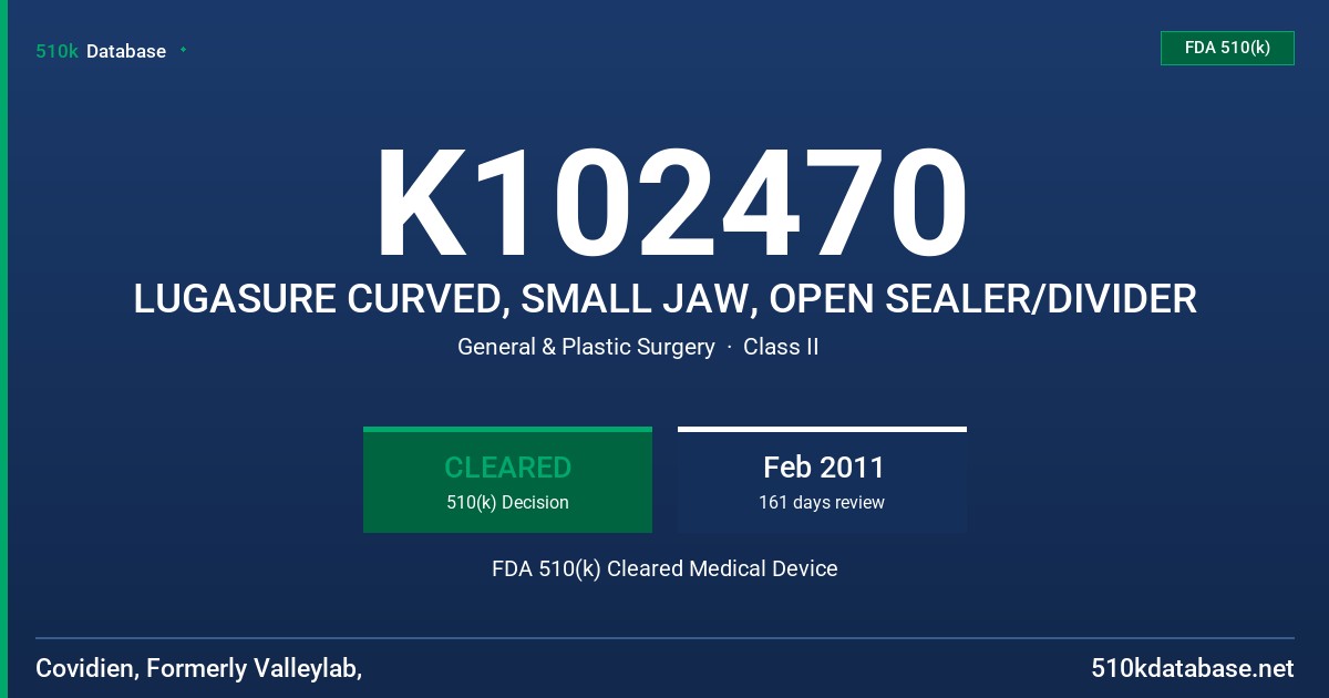 K102470 LUGASURE CURVED, SMALL JAW, OPEN SEALER/DIVIDER FDA 510(k) Cleared Medical Device
