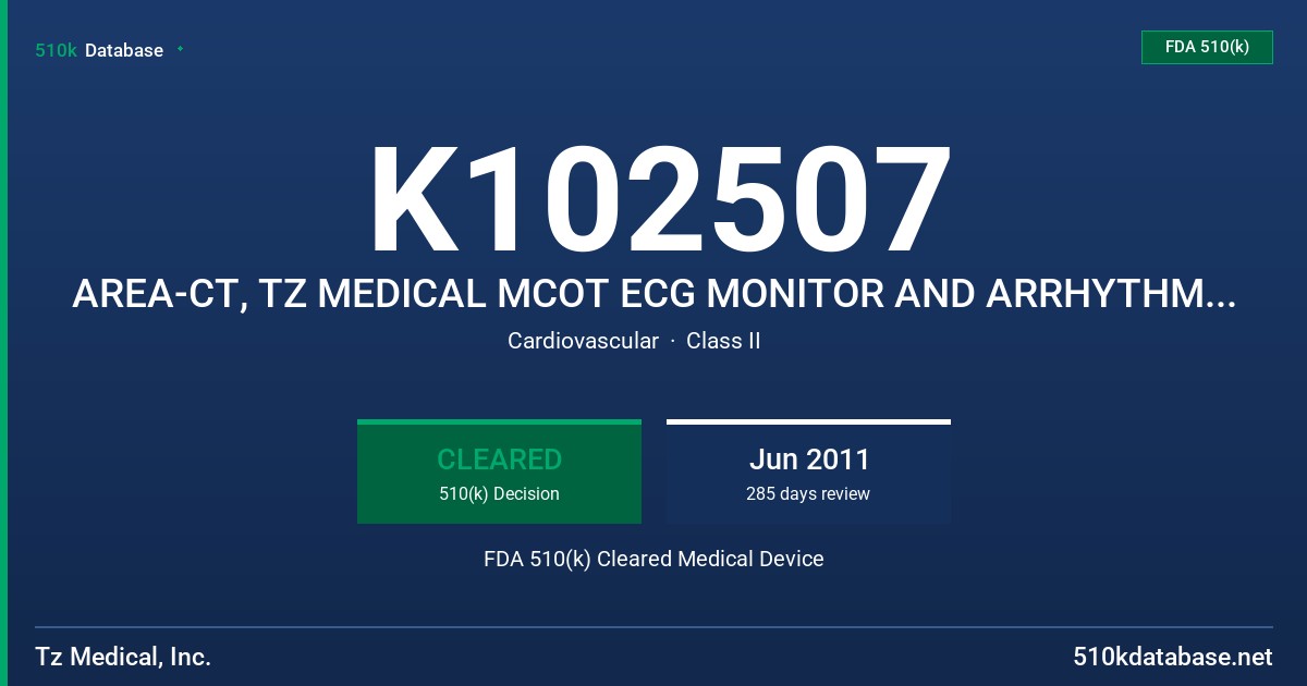 K102507 AREA-CT, TZ MEDICAL MCOT ECG MONITOR AND ARRHYTHMIA DETECTOR FDA 510(k) Cleared Medical Device