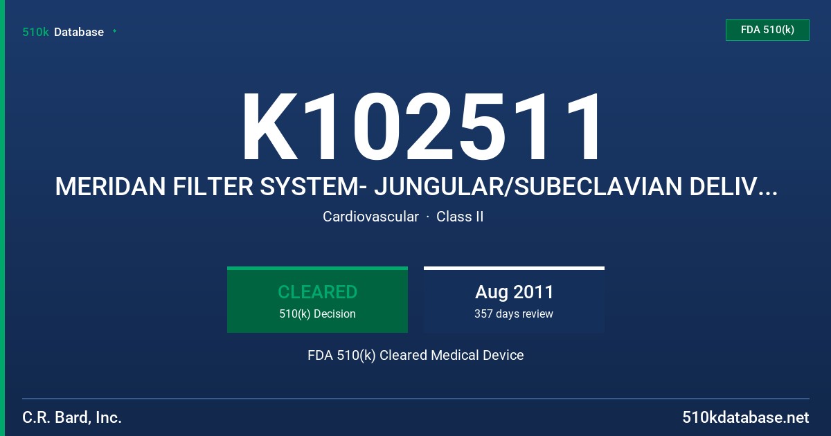 K102511 MERIDAN FILTER SYSTEM- JUNGULAR/SUBECLAVIAN DELIVERY KIT FDA 510(k) Cleared Medical Device