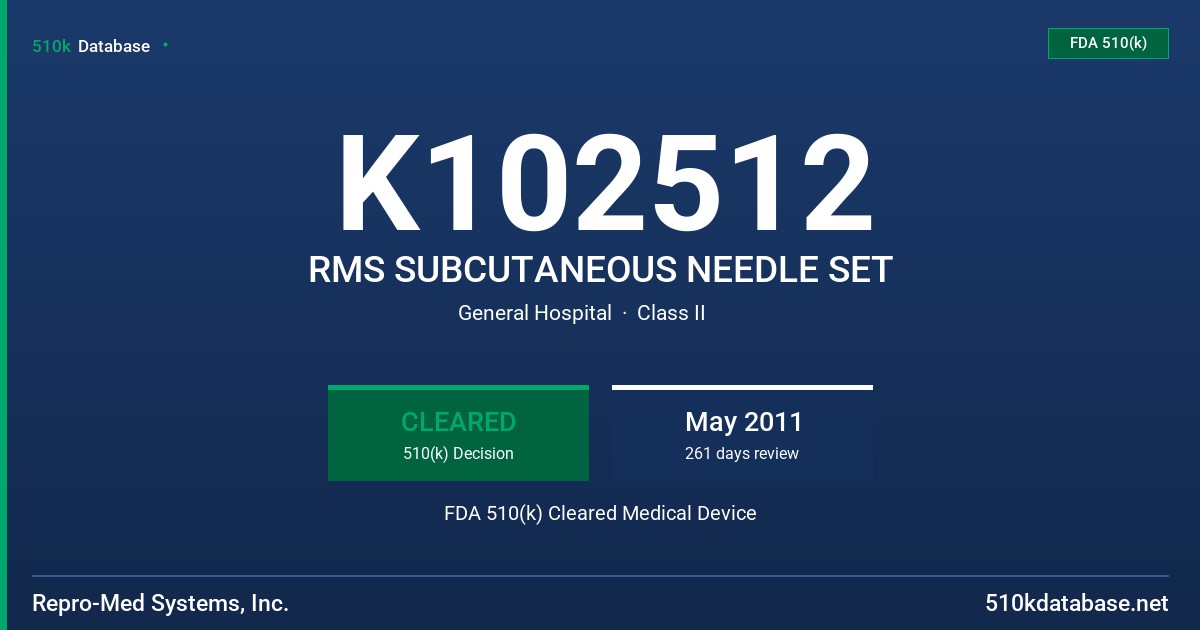 K102512 RMS SUBCUTANEOUS NEEDLE SET FDA 510(k) Cleared Medical Device