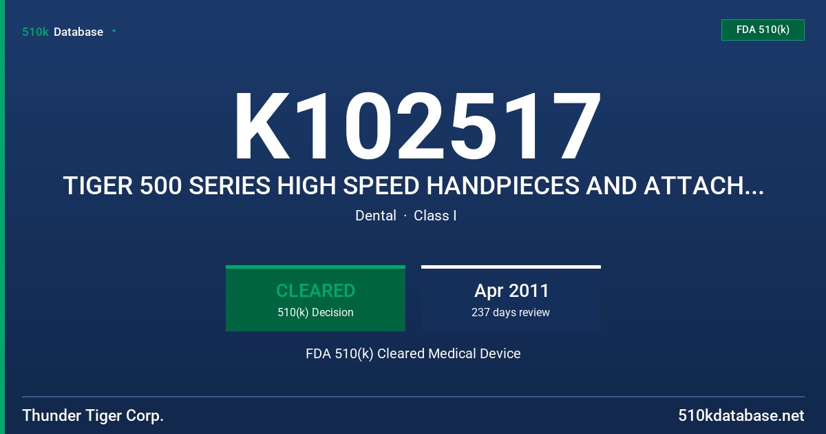K102517 TIGER 500 SERIES HIGH SPEED HANDPIECES AND ATTACHMENTS FDA 510(k) Cleared Medical Device