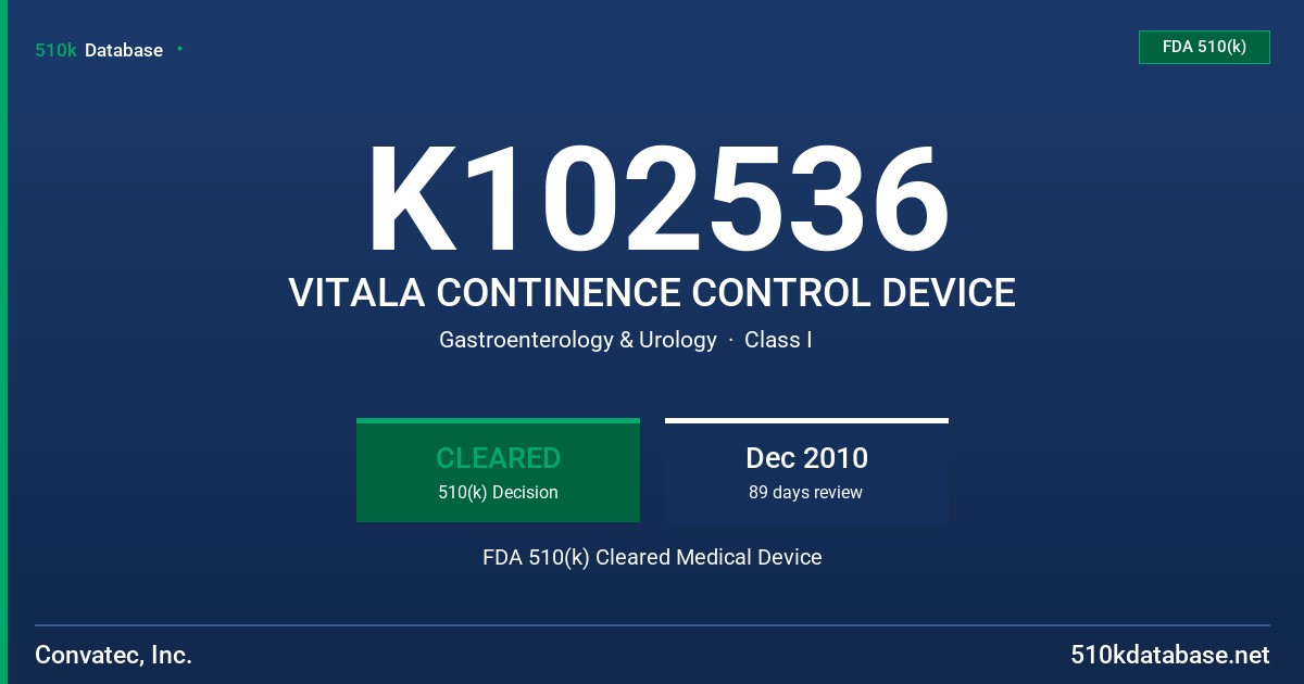 K102536 VITALA CONTINENCE CONTROL DEVICE FDA 510(k) Cleared Medical Device