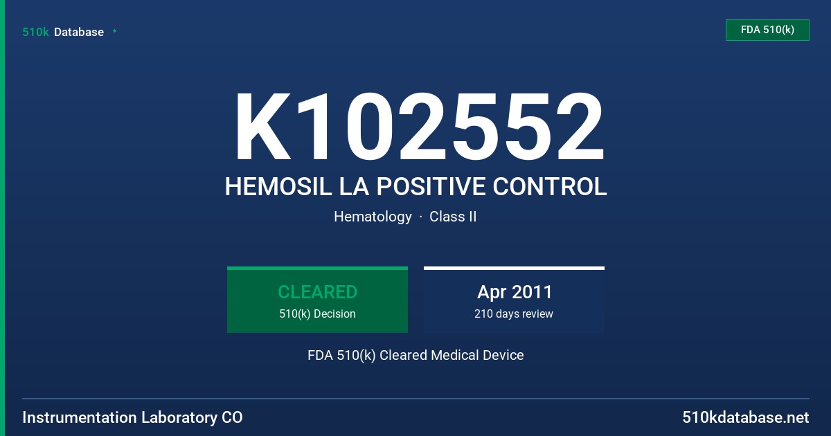 K102552 HEMOSIL LA POSITIVE CONTROL FDA 510(k) Cleared Medical Device