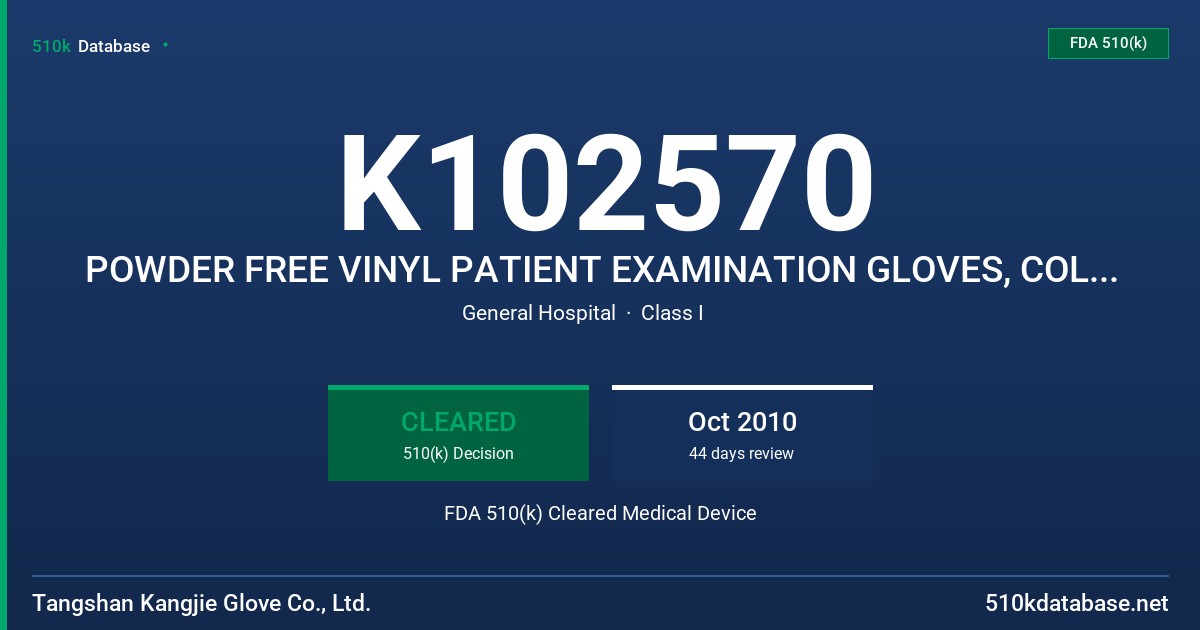 K102570 POWDER FREE VINYL PATIENT EXAMINATION GLOVES, COLORED (YELLOW) FDA 510(k) Cleared Medical Device