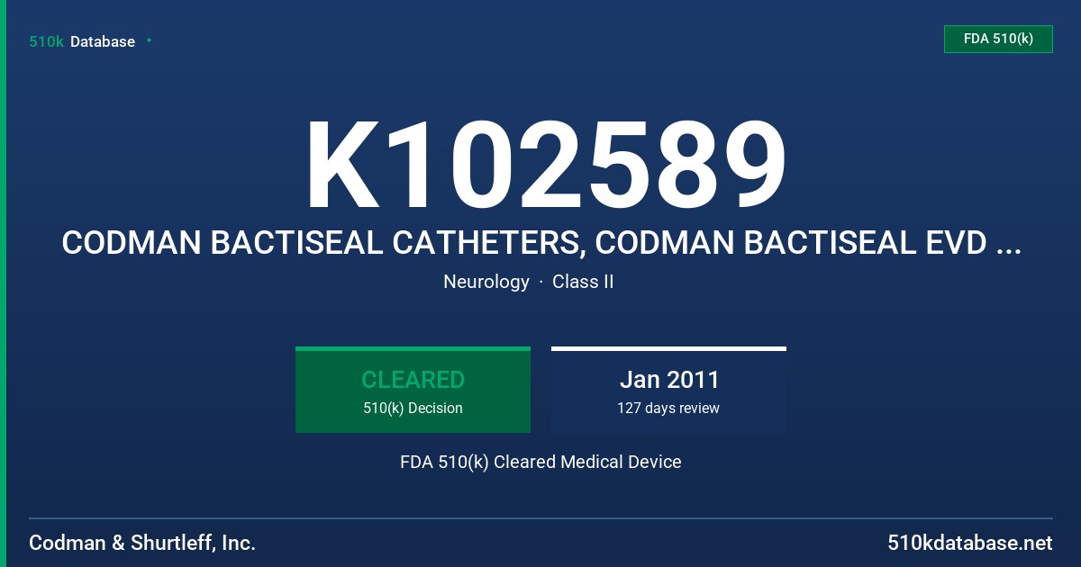 K102589 CODMAN BACTISEAL CATHETERS, CODMAN BACTISEAL EVD CATHETER FDA 510(k) Cleared Medical Device