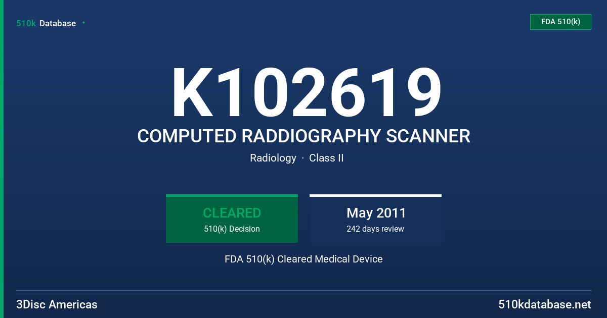K102619 COMPUTED RADDIOGRAPHY SCANNER FDA 510(k) Cleared Medical Device