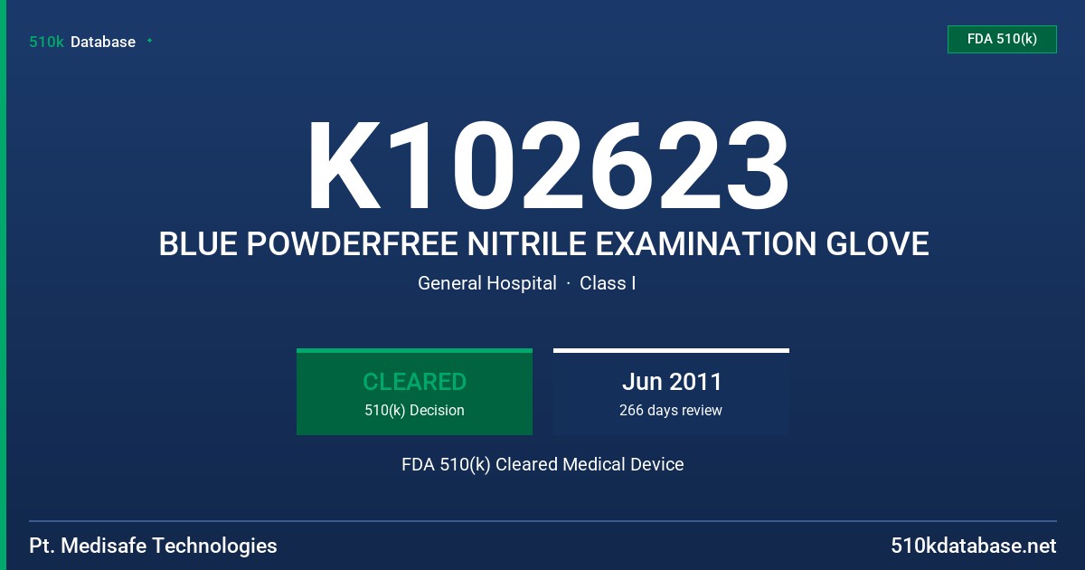 K102623 BLUE POWDERFREE NITRILE EXAMINATION GLOVE FDA 510(k) Cleared Medical Device