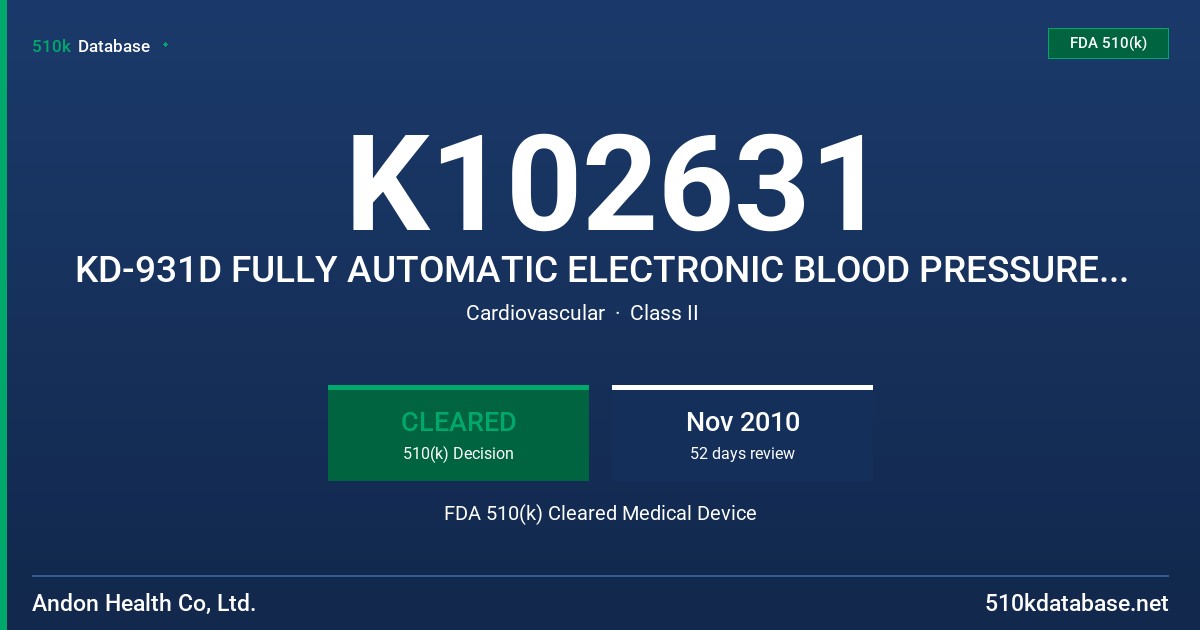 K102631 KD-931D FULLY AUTOMATIC ELECTRONIC BLOOD PRESSURE MONITOR FDA 510(k) Cleared Medical Device