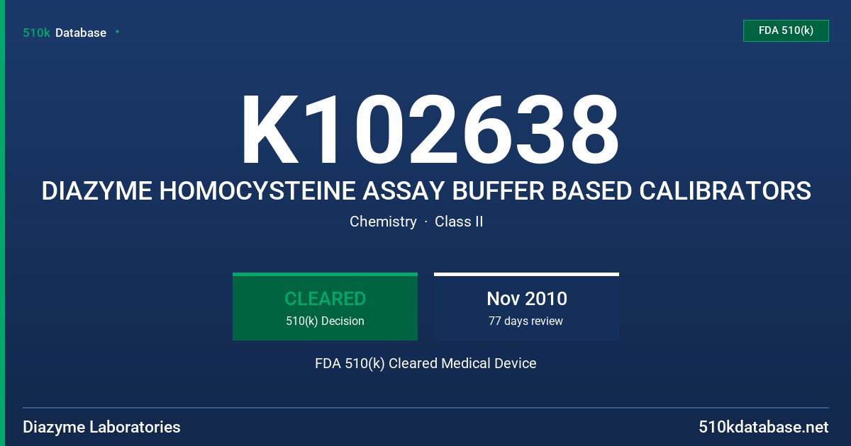 K102638 DIAZYME HOMOCYSTEINE ASSAY BUFFER BASED CALIBRATORS FDA 510(k) Cleared Medical Device