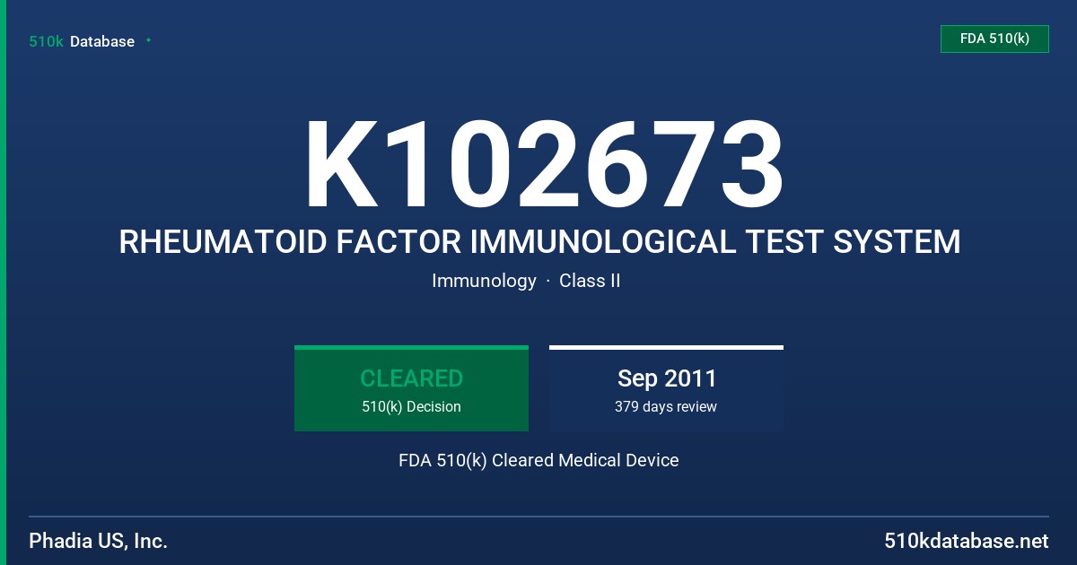 K102673 RHEUMATOID FACTOR IMMUNOLOGICAL TEST SYSTEM FDA 510(k) Cleared Medical Device