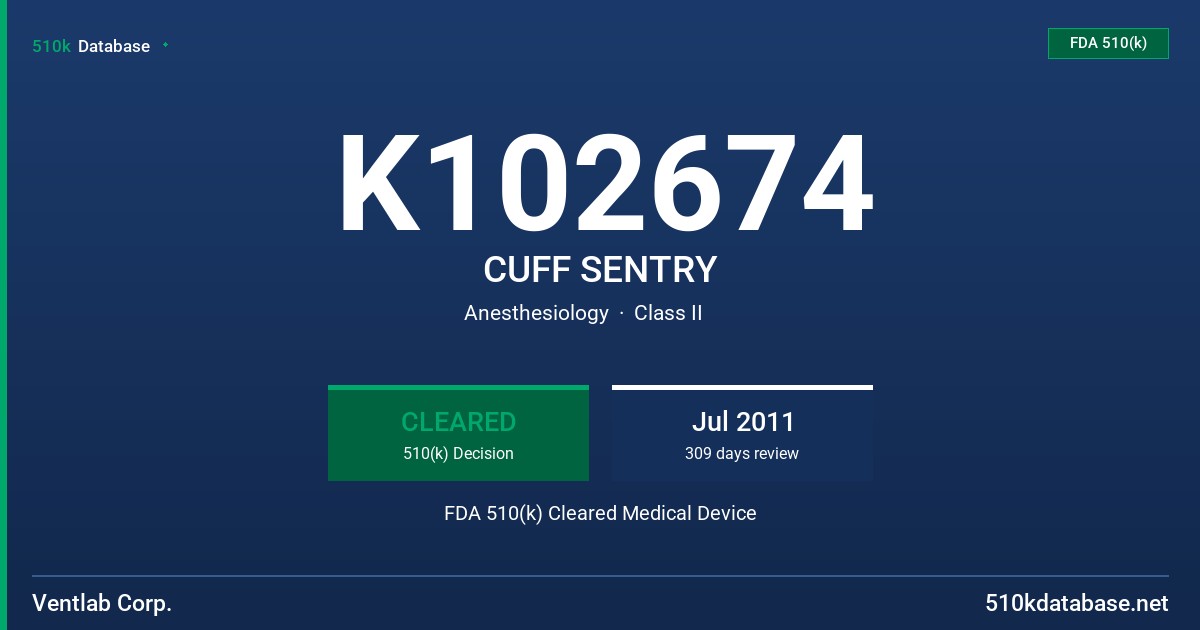 K102674 CUFF SENTRY FDA 510(k) Cleared Medical Device