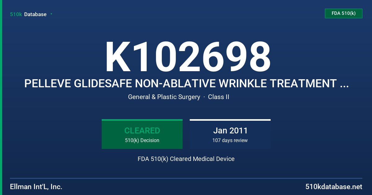 K102698 PELLEVE GLIDESAFE NON-ABLATIVE WRINKLE TREATMENT SYSTEM MODEL PELLEVE GLIDESAFE FDA 510(k) Cleared Medical Device