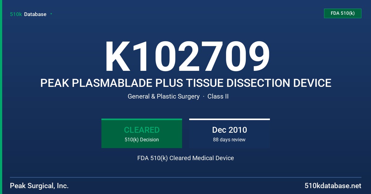 K102709 PEAK PLASMABLADE PLUS TISSUE DISSECTION DEVICE FDA 510(k) Cleared Medical Device