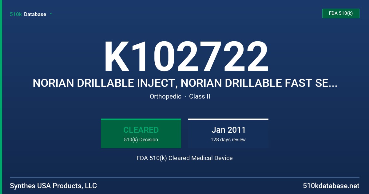 K102722 NORIAN DRILLABLE INJECT, NORIAN DRILLABLE FAST SET PUTTY FDA 510(k) Cleared Medical Device