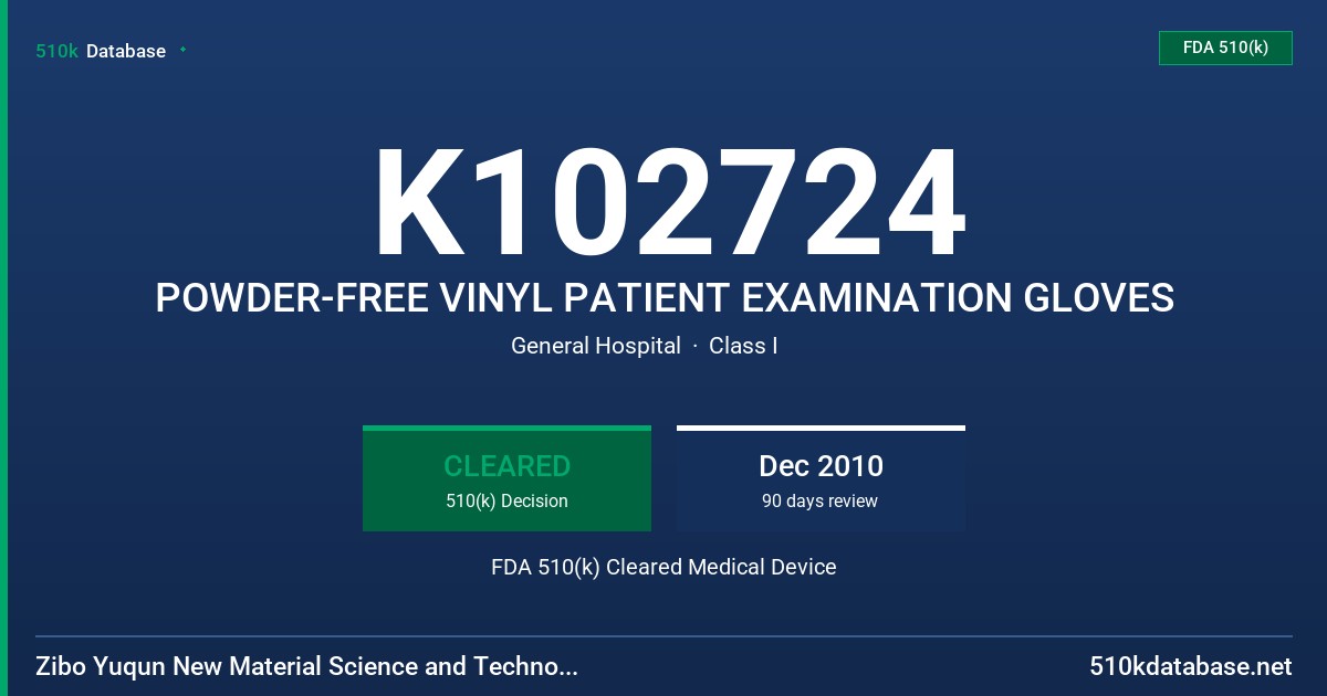 K102724 POWDER-FREE VINYL PATIENT EXAMINATION GLOVES FDA 510(k) Cleared Medical Device