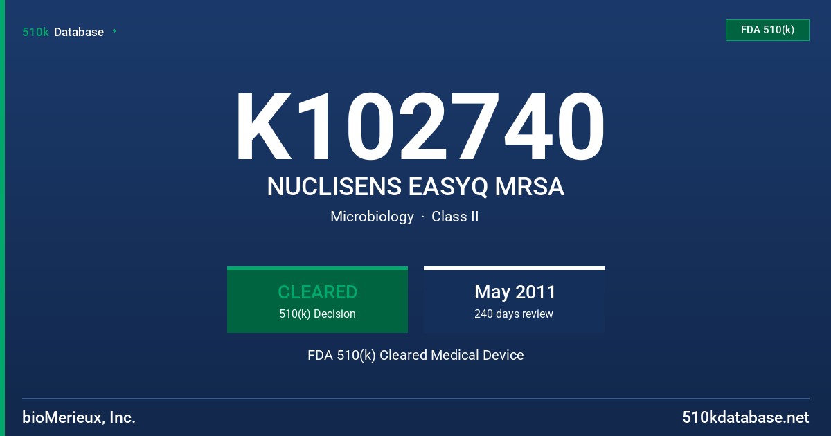 K102740 NUCLISENS EASYQ MRSA FDA 510(k) Cleared Medical Device