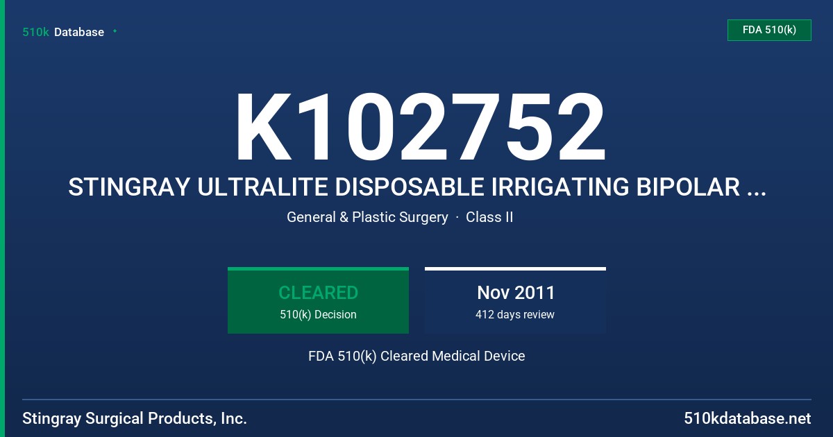 K102752 STINGRAY ULTRALITE DISPOSABLE IRRIGATING BIPOLAR FORCEPS FDA 510(k) Cleared Medical Device