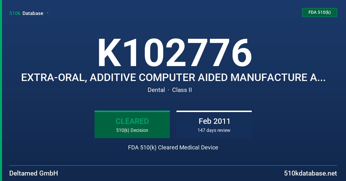 K102776 EXTRA-ORAL, ADDITIVE COMPUTER AIDED MANUFACTURE AND CURING SYSTEM FDA 510(k) Cleared Medical Device