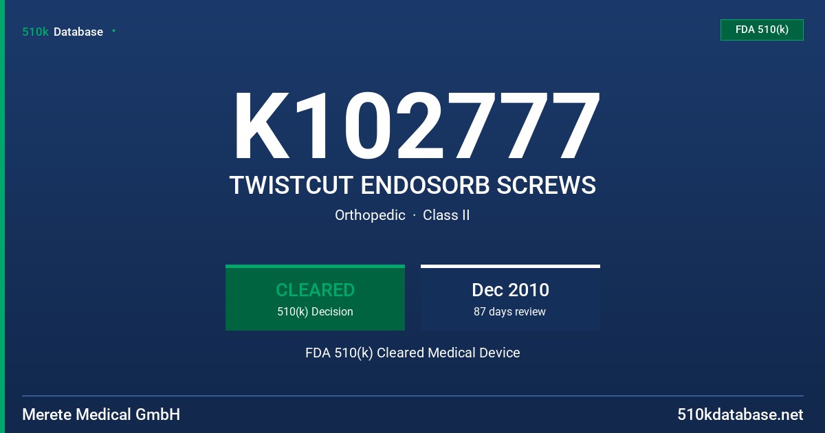 K102777 TWISTCUT ENDOSORB SCREWS FDA 510(k) Cleared Medical Device